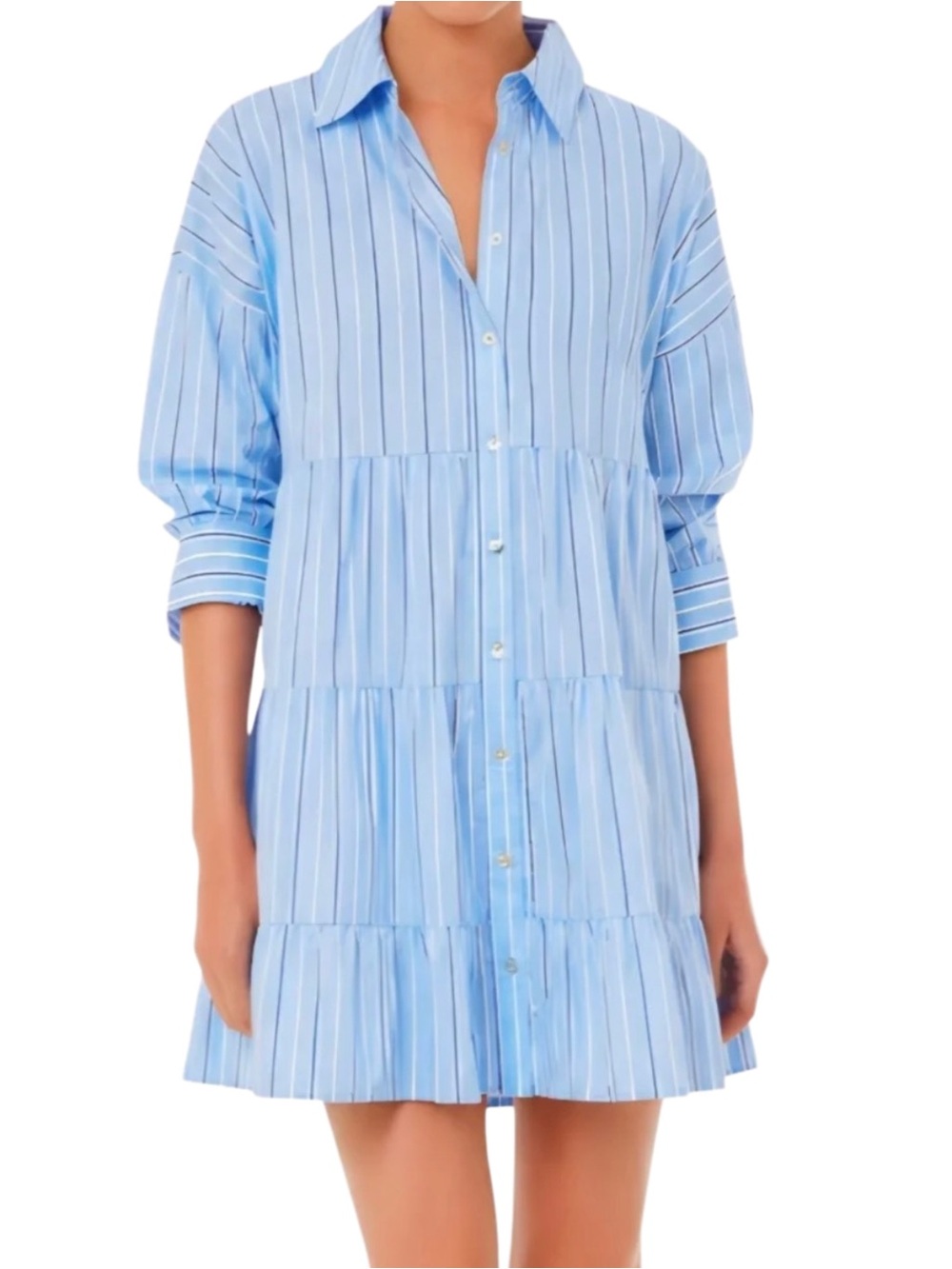 Tuckernuck Pomander Place Shades of Blue Stripe Cara Tiered Shirt Dress